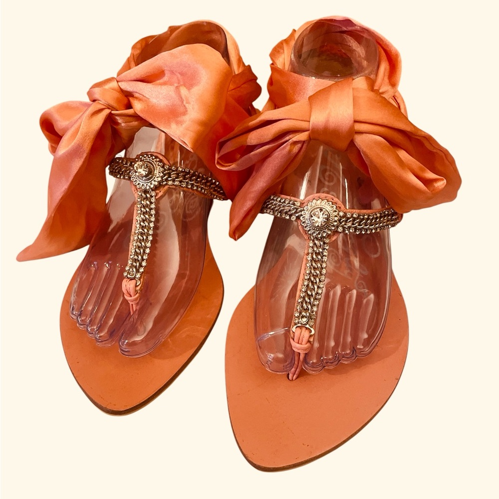 Naughty Monkey Orange Bow Toe-Post Sandals with Crystal Accent